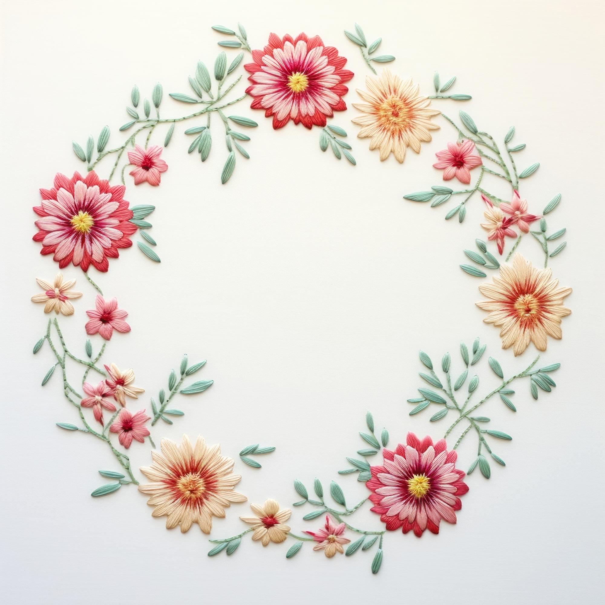 Circular embroidered patch with floral motif