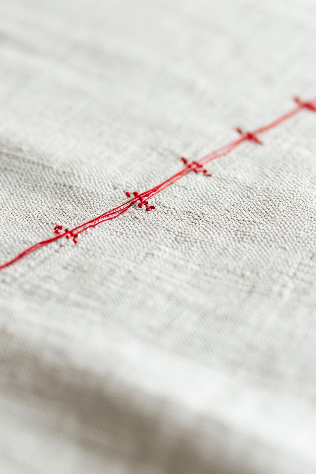 Close-up of detailed hand embroidery on linen